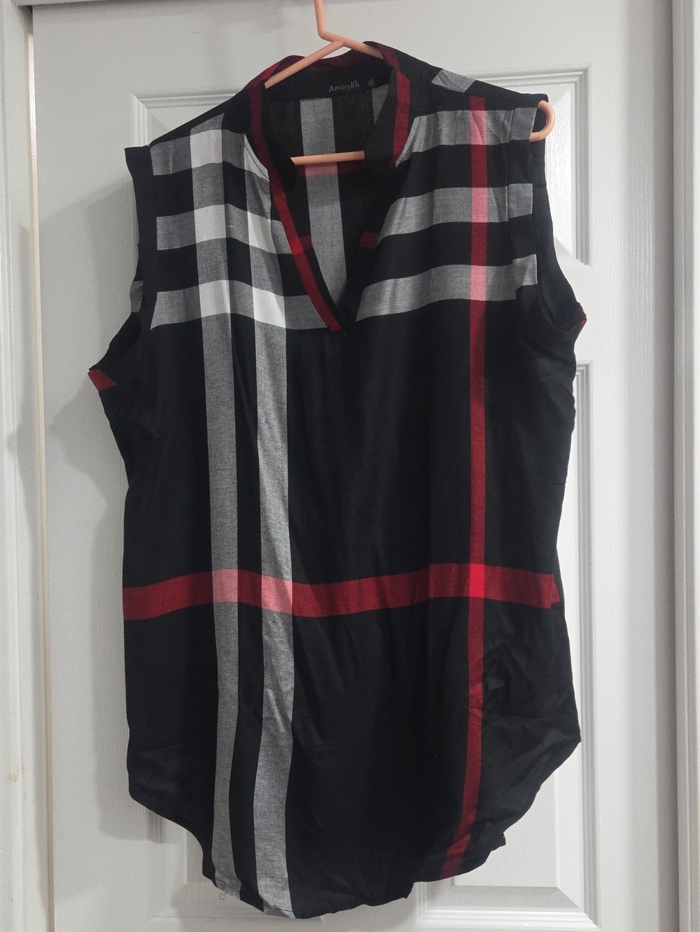 Amaryllis Black Sleeveless Tunic with Red & Gray Plaid